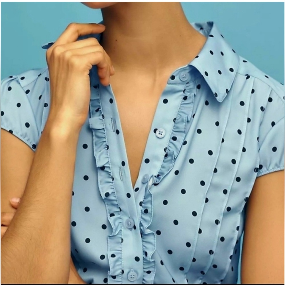 Anthropologie Maeve Cap Sleeve Button Front polka dot Romper Blue Motif Sz M NWT - Picture 3 of 5